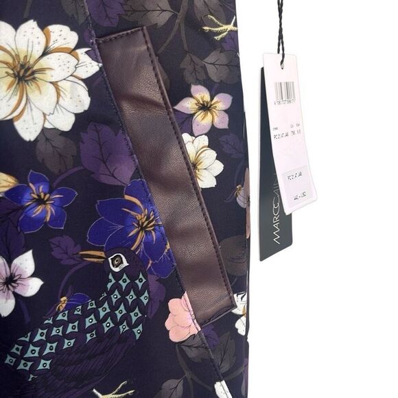 Marc Cain Purple Floral Bird Faux Leather Trim Dress Pockets US 12 N5 NWT $440 - Picture 5 of 12